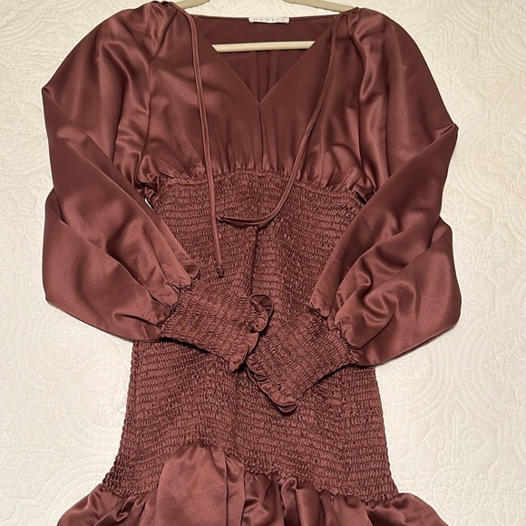 NWOT RARE Karlie Smocked Satin Ruffled Mini Dress in Muave Size S - Picture 4 of 11